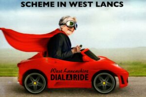 Dial a ride poster depicting an elderly person riding in a red sports car