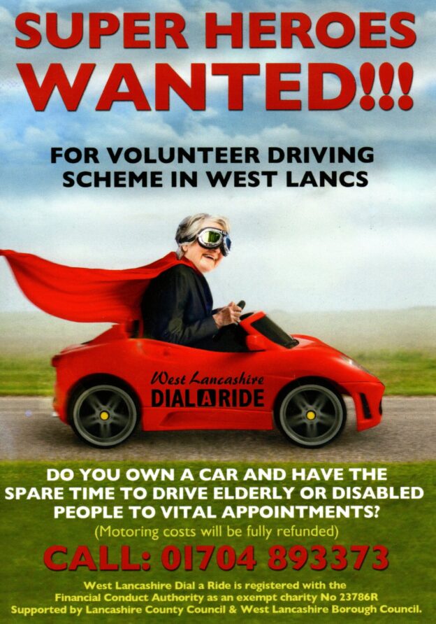 Dial a ride poster depicting an elderly person riding in a red sports car